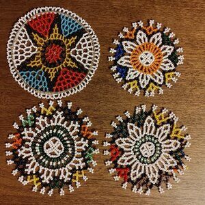 VINTAGE HAND BEADED COASTER LOT OF 4 Mismatched Set Beaded Circles Sew On